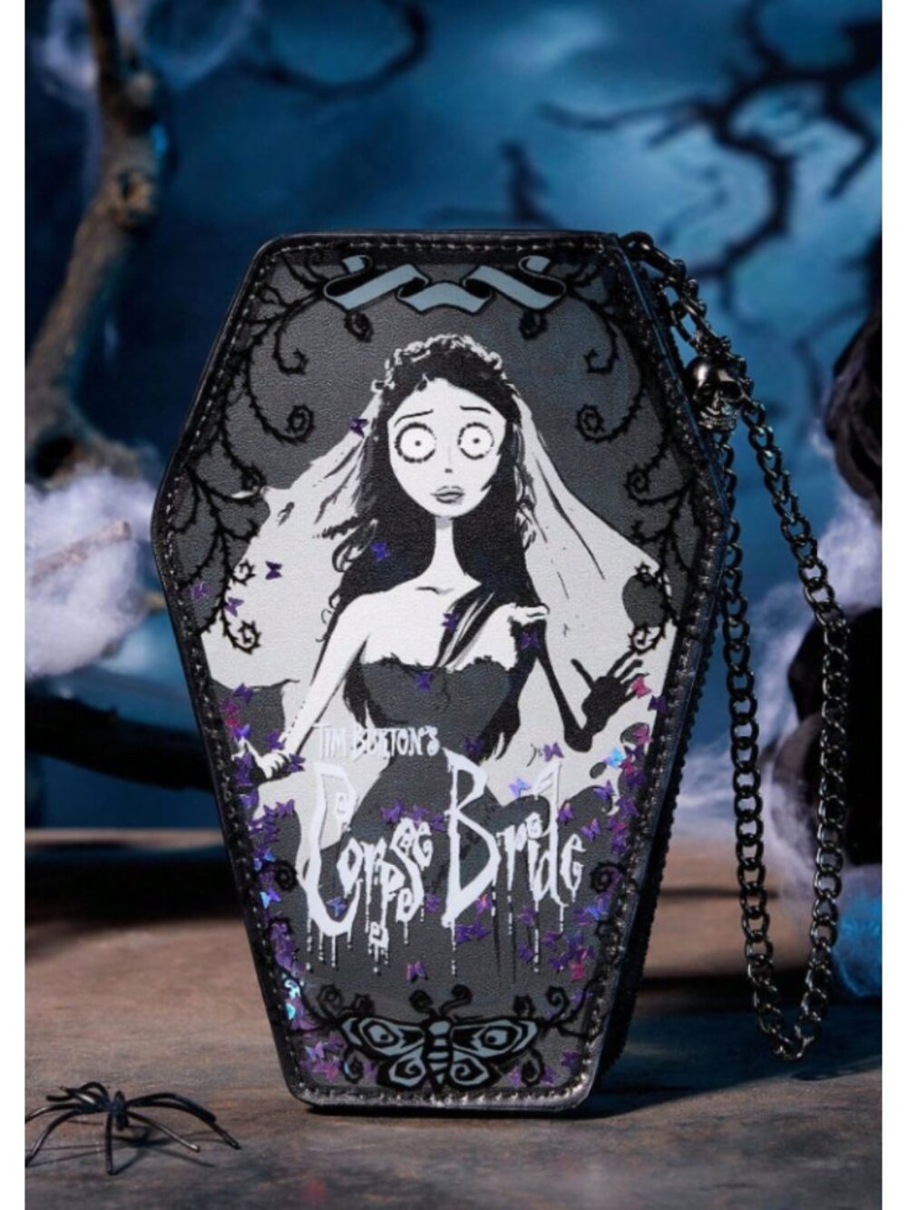 Corpse Bride Gothic Coffin Coin Purse PU Leather Sequin Wallet with Chain